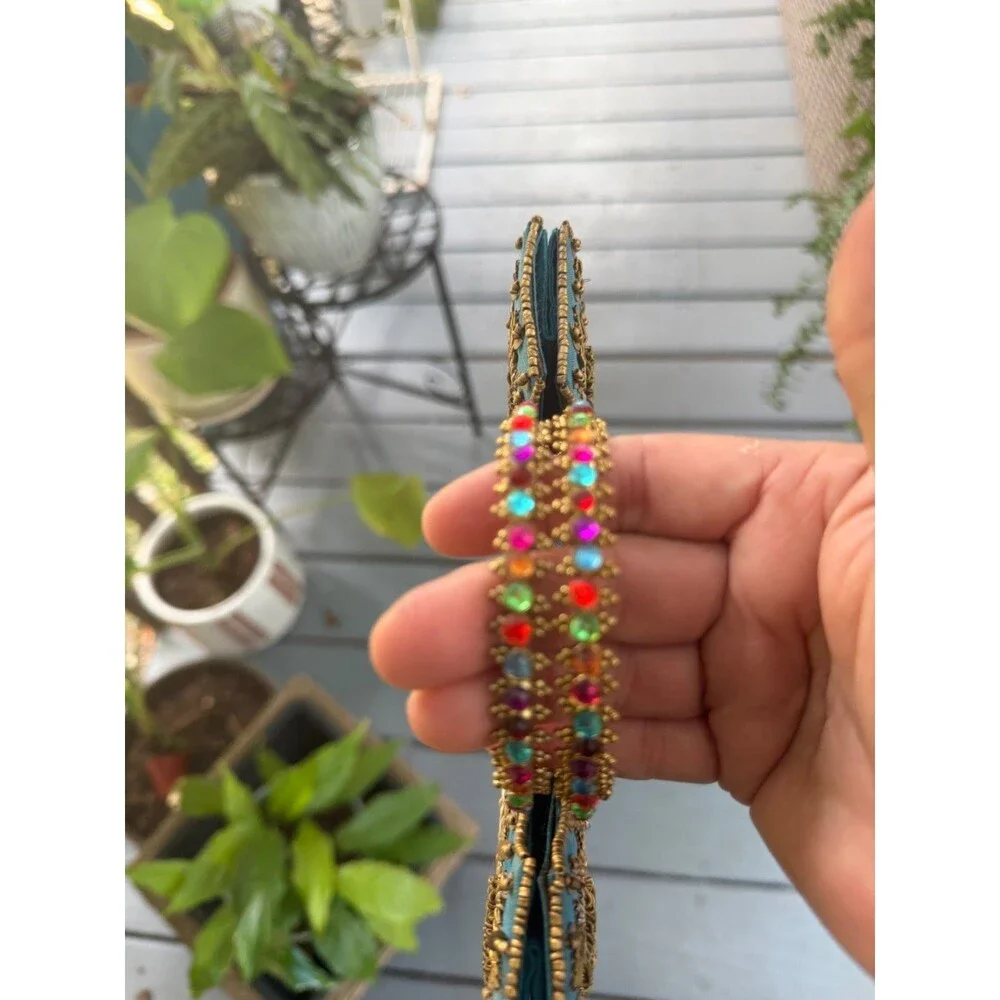 Beaded Turquoise evening bag with multicolor rhinestone handle
